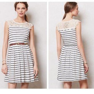 ANTHROPOLOGIE Stripewave Dress White Navy Pleated